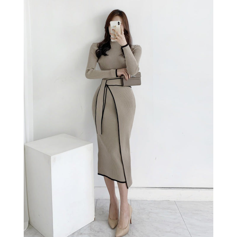 Contrast Color Binding Sunken Stripe Lace-up Waist-controlled Slimming Long Sleeve Knitted Dress