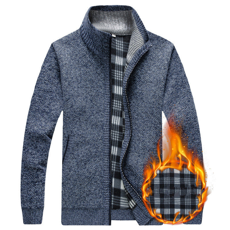 Stand Collar Plush Cardigan Men's Warm Sweater