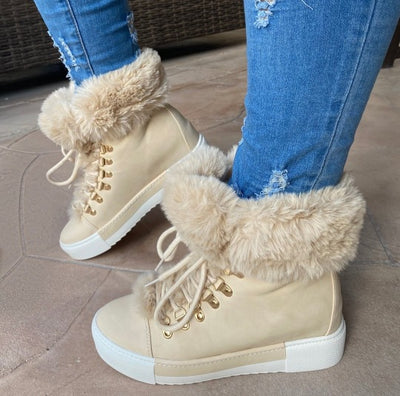 Lace-up Boots Cute Thick Sole Heighten Non Slip Snow Shoes Fall Winter Keep Warm Plush Lined Furry Ankle Boots Outdoor Walking Flat Shoes