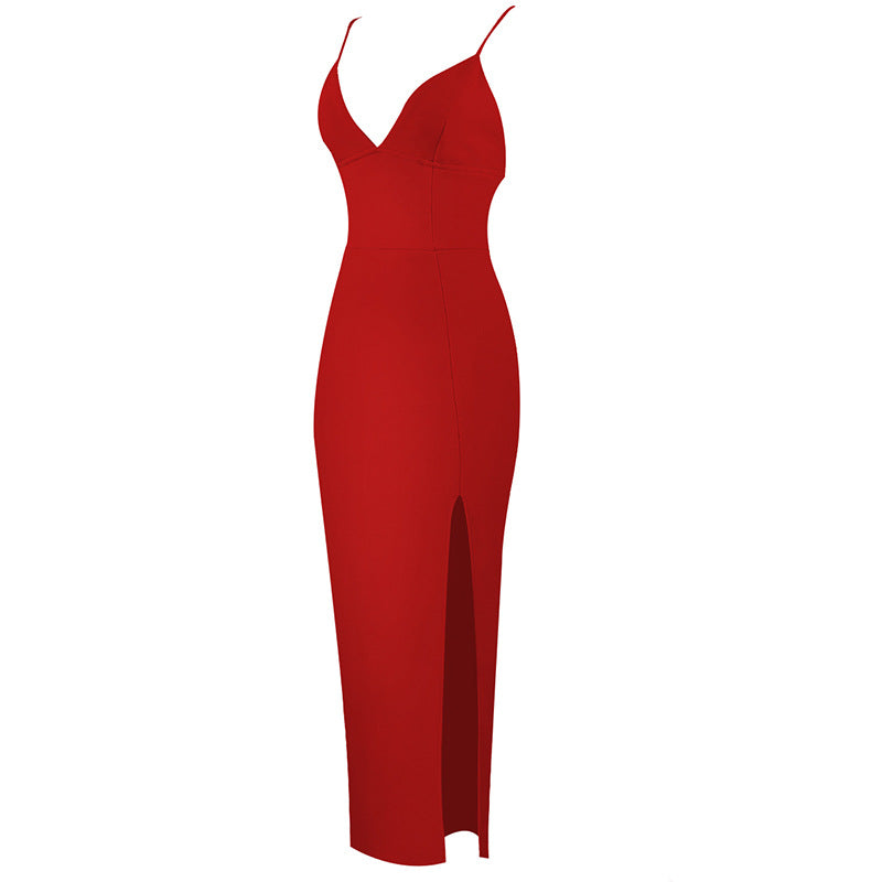Women's Slim Strap V-Neck Solid Color Slit Dress