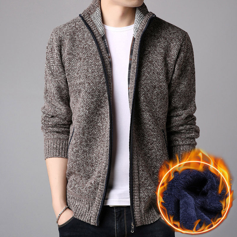 Stand Collar Plush Cardigan Men's Warm Sweater