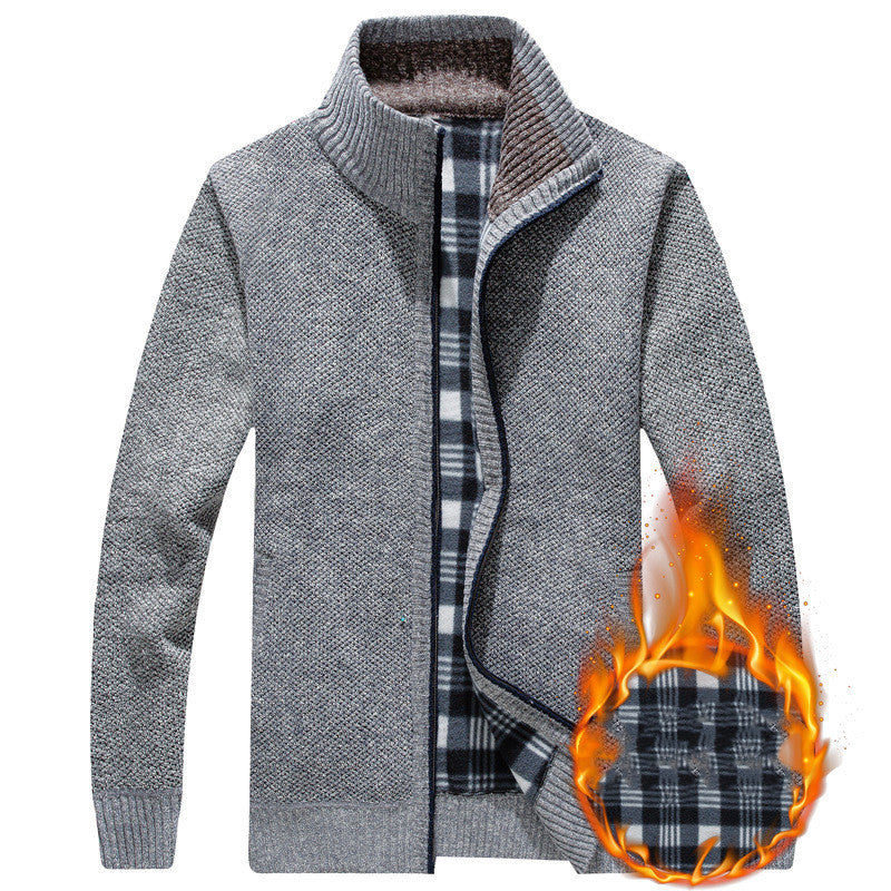 Stand Collar Plush Cardigan Men's Warm Sweater