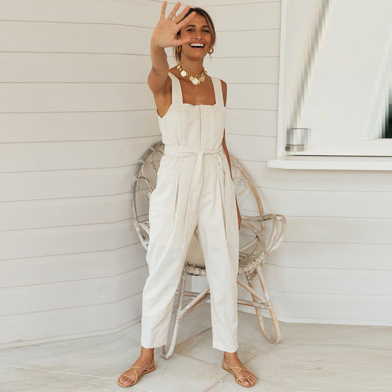 New Style Cotton and Linen Suspender Long Jumpsuit With Loose Waist