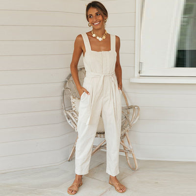 New Style Cotton and Linen Suspender Long Jumpsuit With Loose Waist