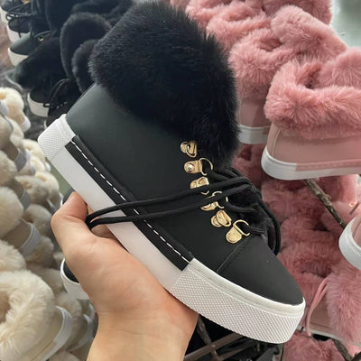 Lace-up Boots Cute Thick Sole Heighten Non Slip Snow Shoes Fall Winter Keep Warm Plush Lined Furry Ankle Boots Outdoor Walking Flat Shoes