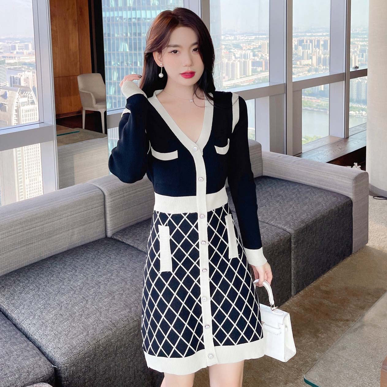 Long-sleeved Check A-line Knit Dress