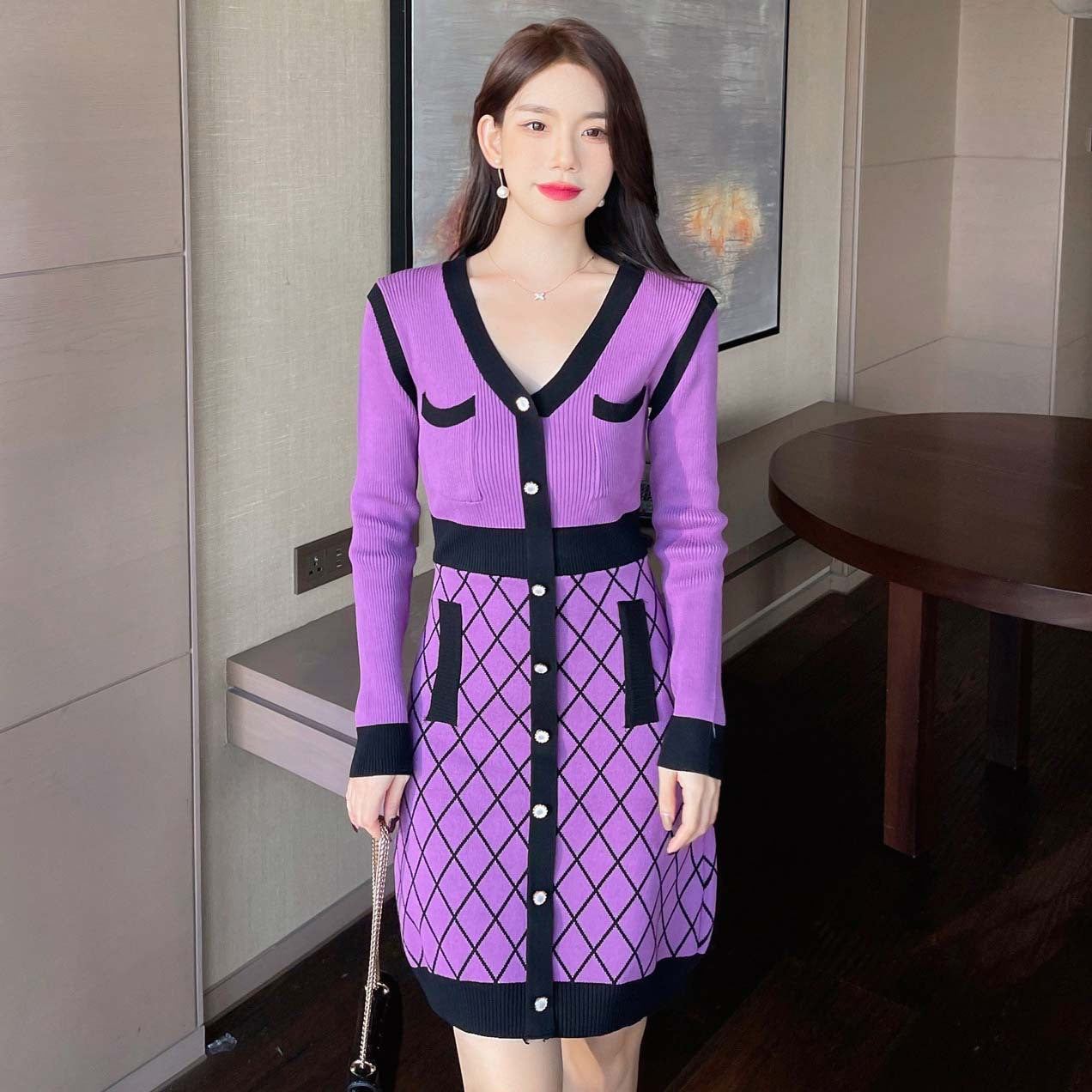 Long-sleeved Check A-line Knit Dress