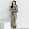 Contrast Color Binding Sunken Stripe Lace-up Waist-controlled Slimming Long Sleeve Knitted Dress
