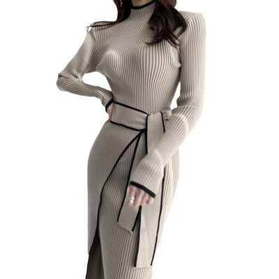 Contrast Color Binding Sunken Stripe Lace-up Waist-controlled Slimming Long Sleeve Knitted Dress