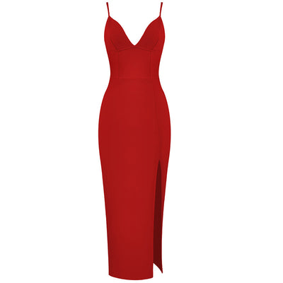 Women's Slim Strap V-Neck Solid Color Slit Dress
