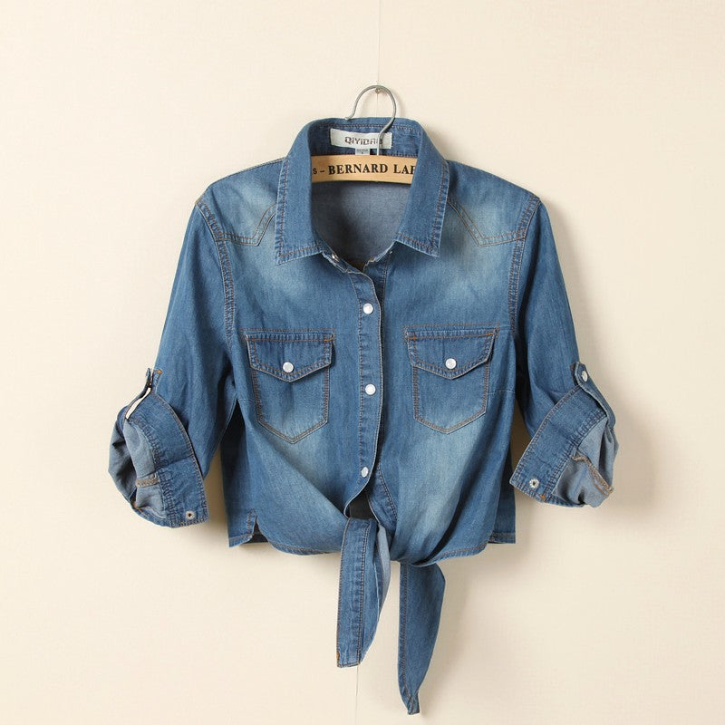 Mid-sleeve Denim Short Waistcoat Women's Washed Shirt