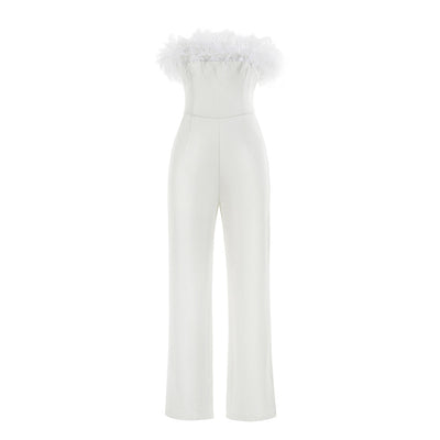 Feather Wrapped Chest Slim Waist One-piece Trousers Female