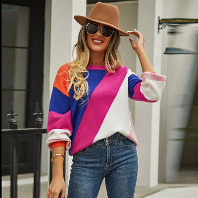 Women's Fashionable Simple Striped Patchwork Round Neck Sweater