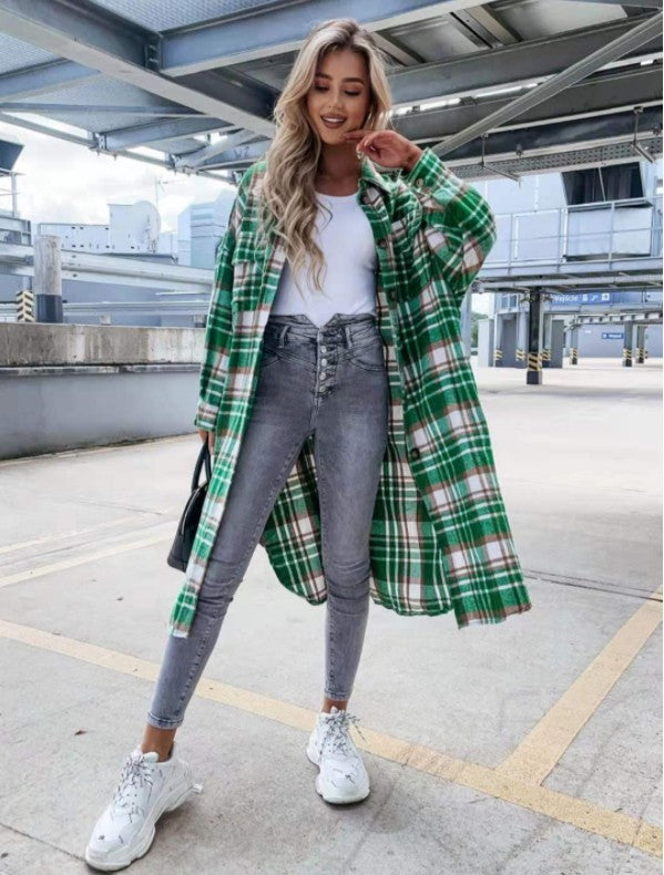 New Style Lengthened Plaid Shirt Women's Clothing