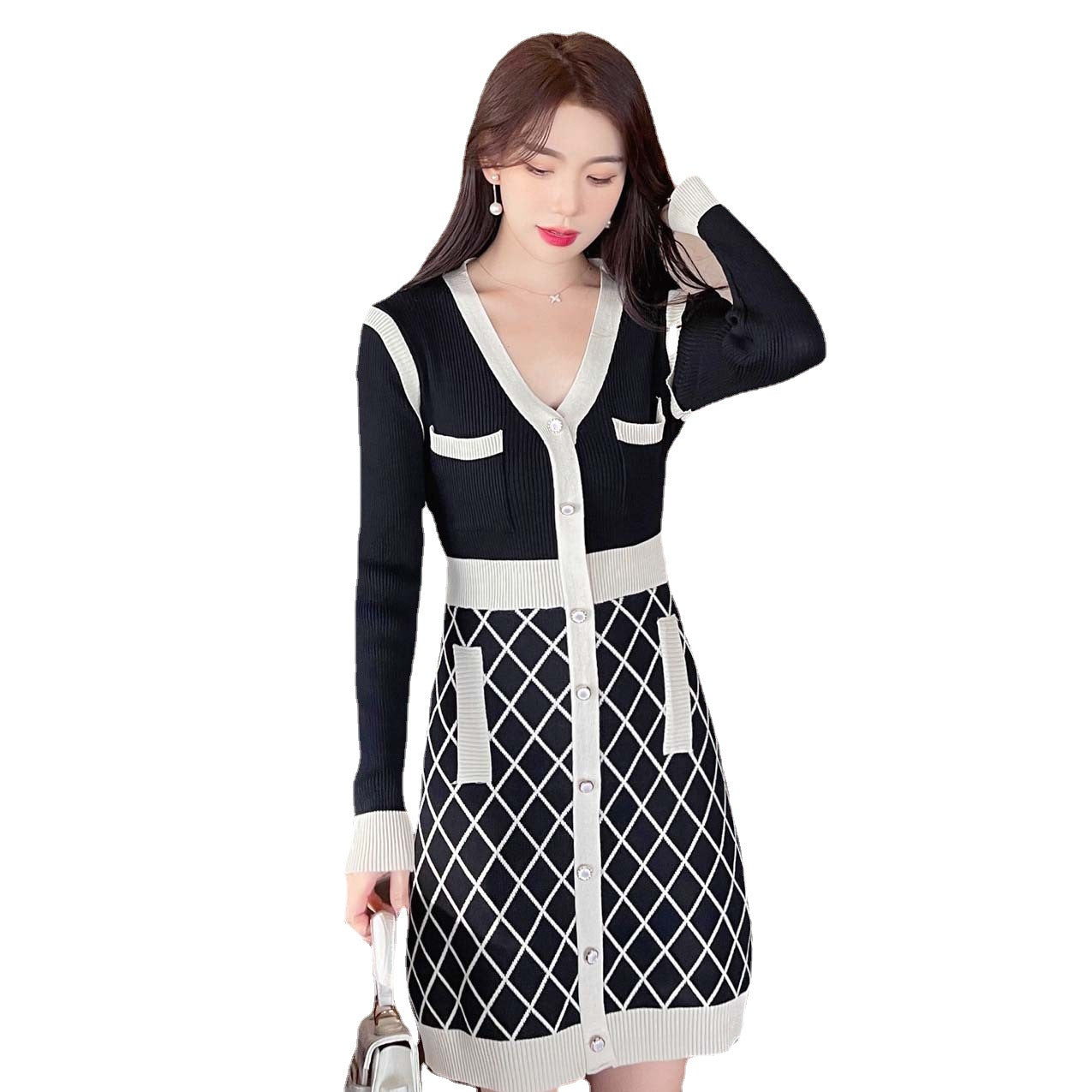 Long-sleeved Check A-line Knit Dress