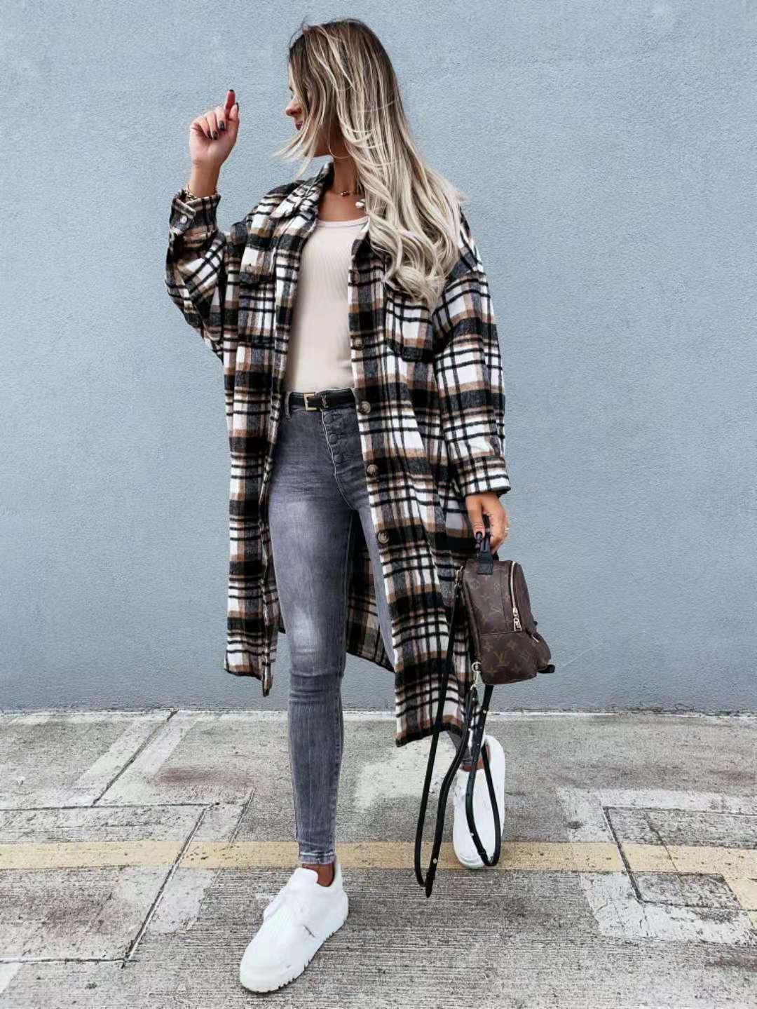 New Style Lengthened Plaid Shirt Women's Clothing