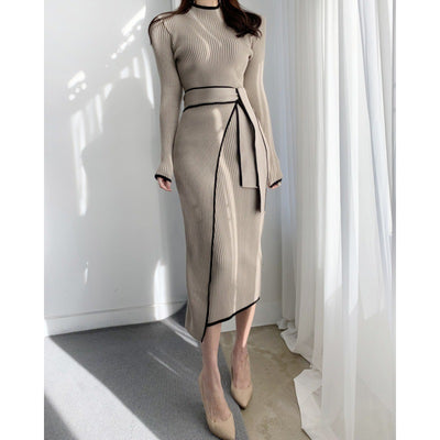 Contrast Color Binding Sunken Stripe Lace-up Waist-controlled Slimming Long Sleeve Knitted Dress