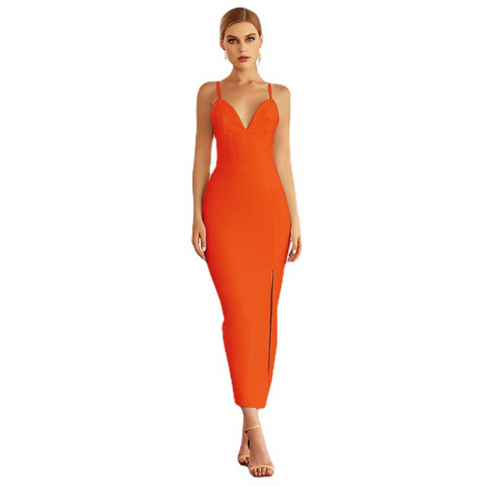 Women's Slim Strap V-Neck Solid Color Slit Dress