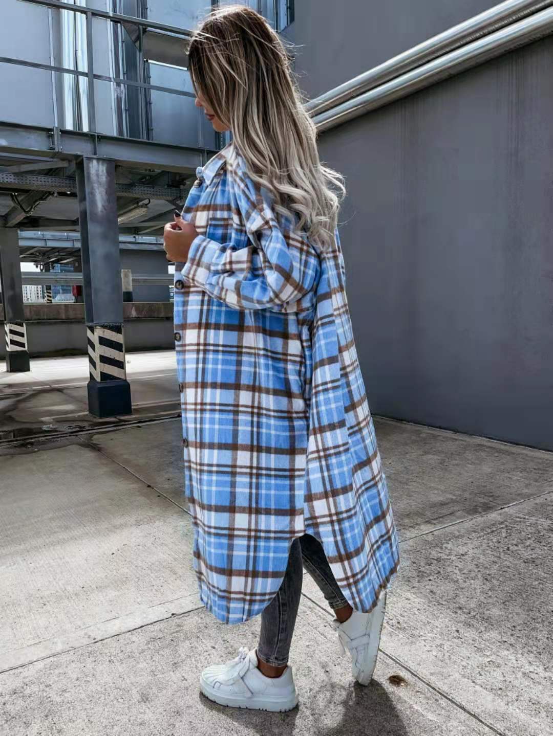 New Style Lengthened Plaid Shirt Women's Clothing
