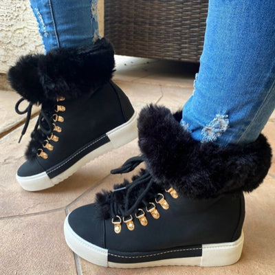 Lace-up Boots Cute Thick Sole Heighten Non Slip Snow Shoes Fall Winter Keep Warm Plush Lined Furry Ankle Boots Outdoor Walking Flat Shoes