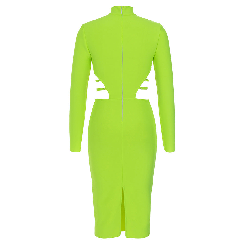 Retro Back Hollow-out Slit Slim-fitting Long Sleeve Dress