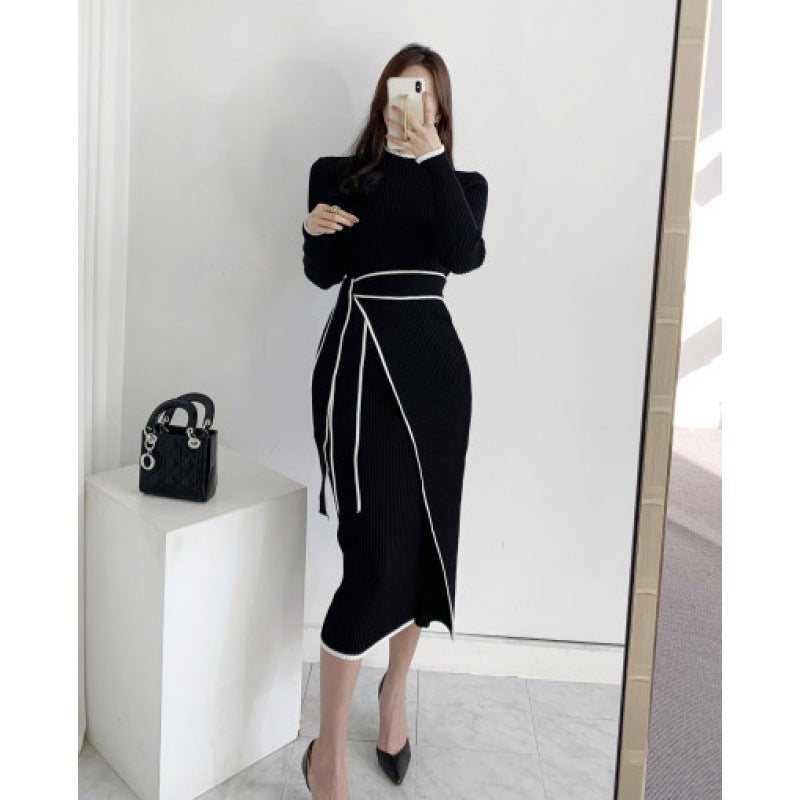 Contrast Color Binding Sunken Stripe Lace-up Waist-controlled Slimming Long Sleeve Knitted Dress