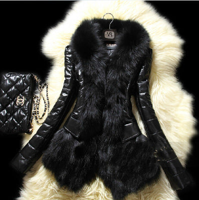 Faux fur large collar leather jacket