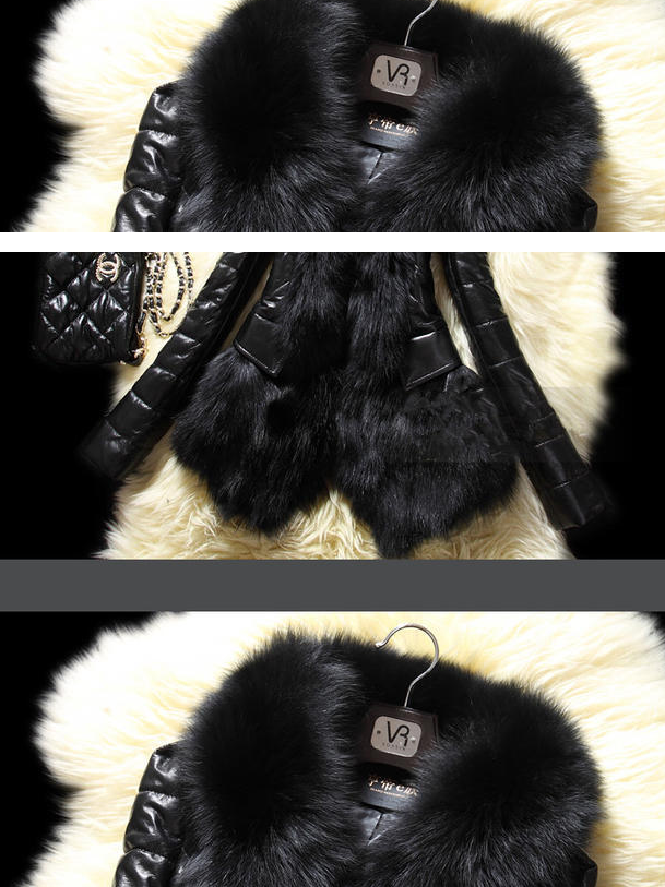 Faux fur large collar leather jacket